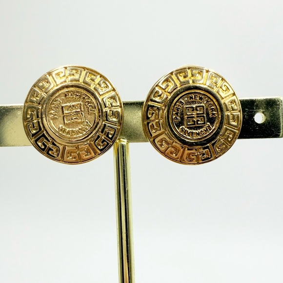 Givenchy New York Paris Gold Plated Logo Clip On Earrings Vintage - Picture 1 of 6